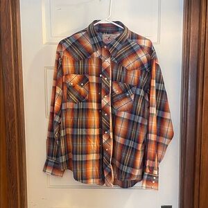 Wrangler Orange and Navy Plaid Western Button-Down Shirt